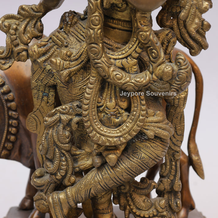Handcrafted Brass Lord Krishna Statue with Cow