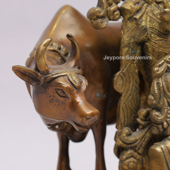 Handcrafted Brass Lord Krishna Statue with Cow