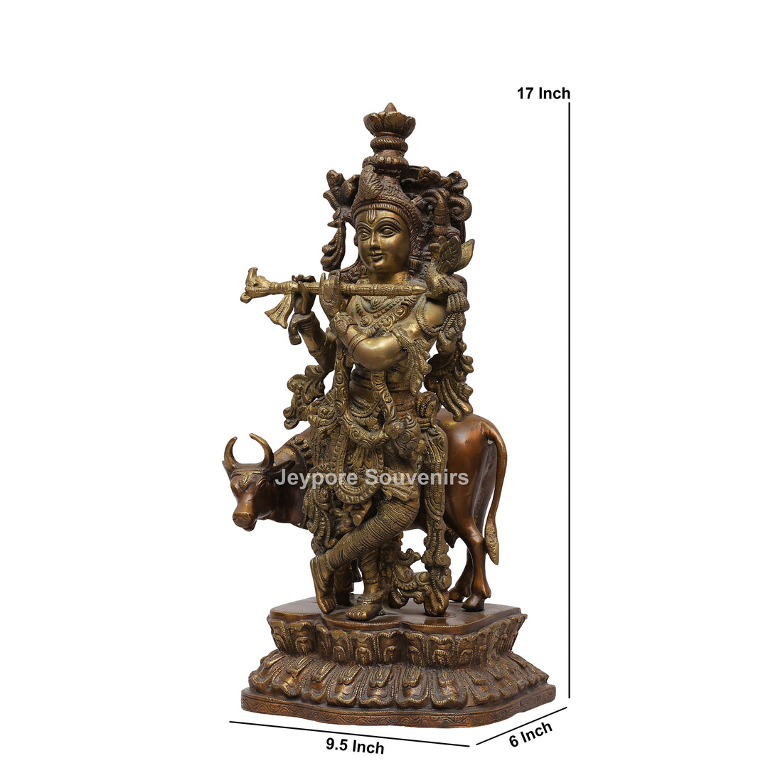 Handcrafted Brass Lord Krishna Statue with Cow