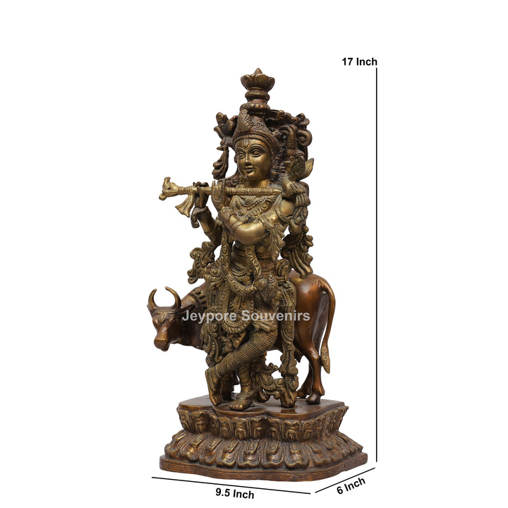 Handcrafted Brass Lord Krishna Statue with Cow