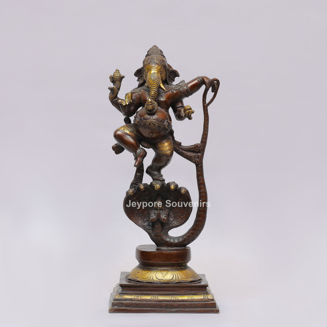 Handcrafted Dancing Ganesha Statue with Multi-Hooded Serpent