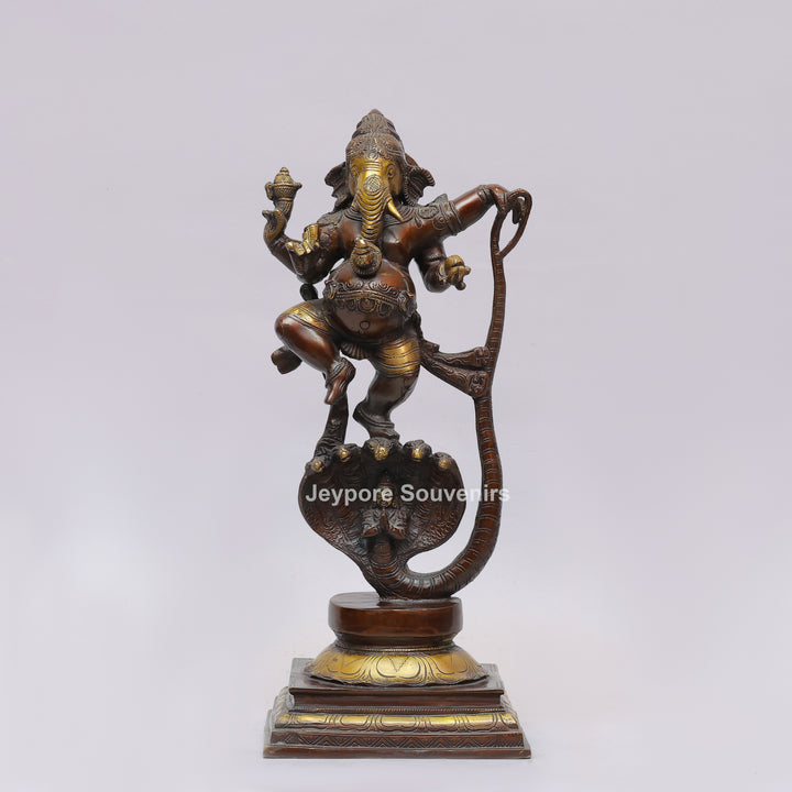 Handcrafted Dancing Ganesha Statue with Multi-Hooded Serpent