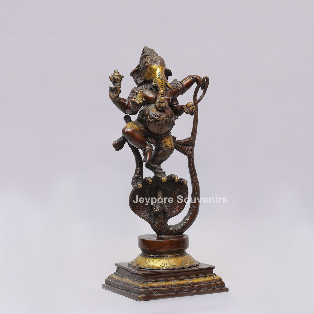 Handcrafted Dancing Ganesha Statue with Multi-Hooded Serpent