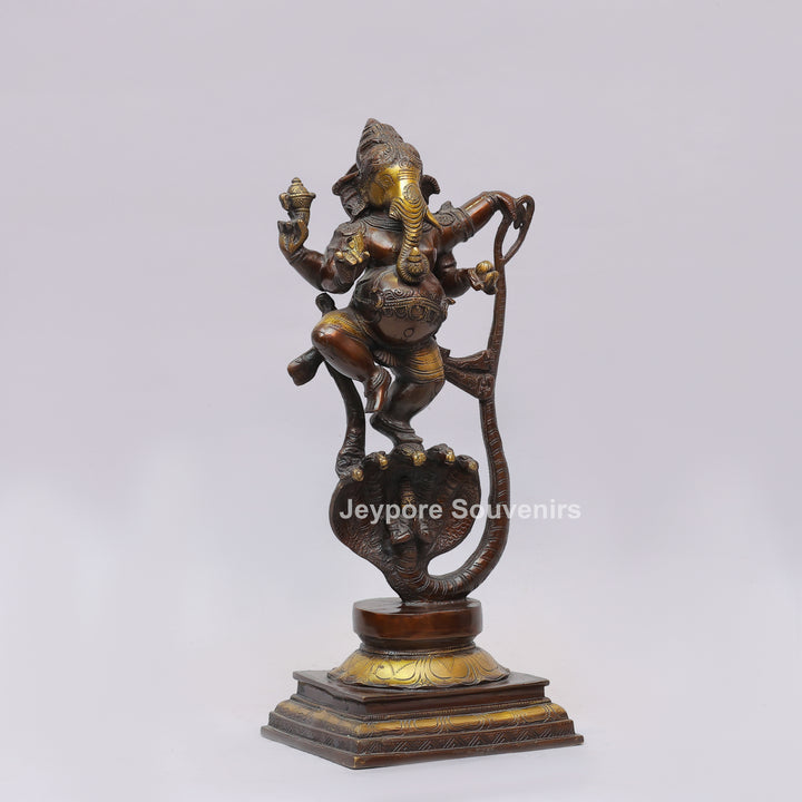 Handcrafted Dancing Ganesha Statue with Multi-Hooded Serpent