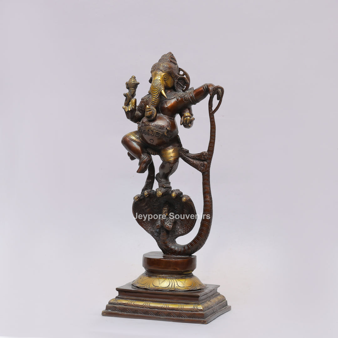 Handcrafted Dancing Ganesha Statue with Multi-Hooded Serpent