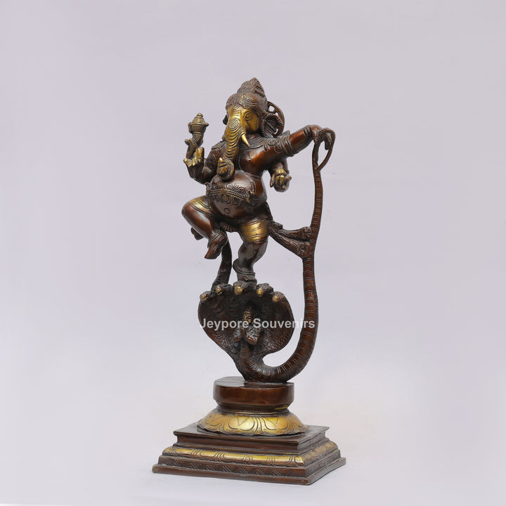 Handcrafted Dancing Ganesha Statue with Multi-Hooded Serpent