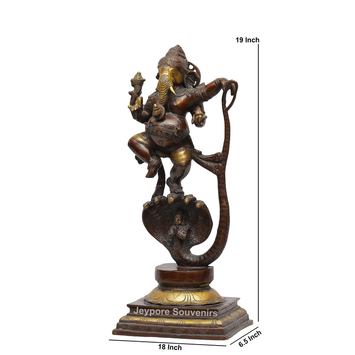 Handcrafted Dancing Ganesha Statue with Multi-Hooded Serpent