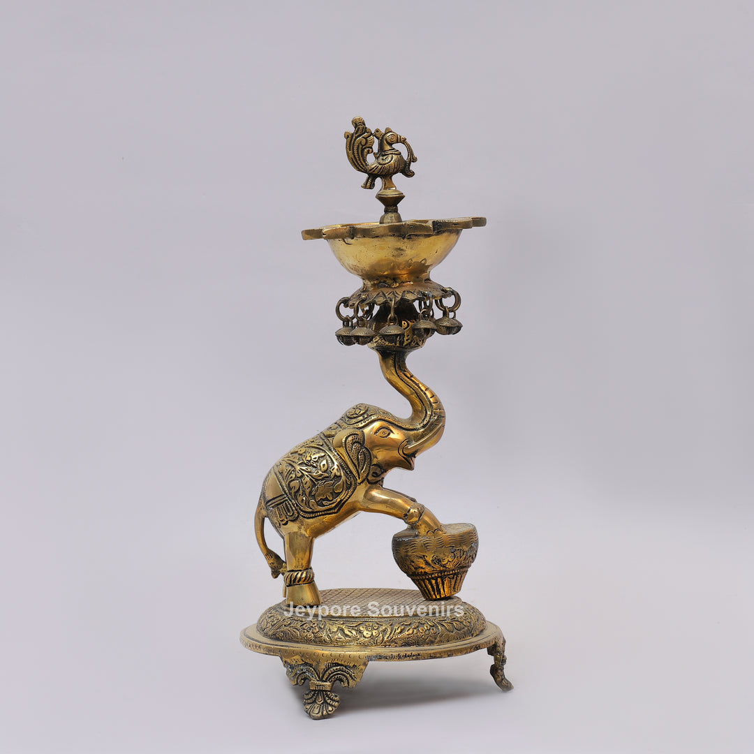 Brass Elephant Lifting Lotus Lamp with Hanging Bells
