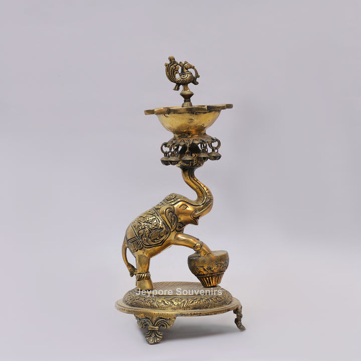 Brass Elephant Lifting Lotus Lamp with Hanging Bells