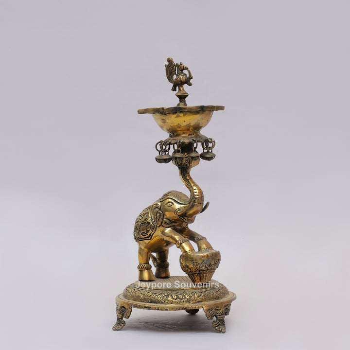Brass Elephant Lifting Lotus Lamp with Hanging Bells