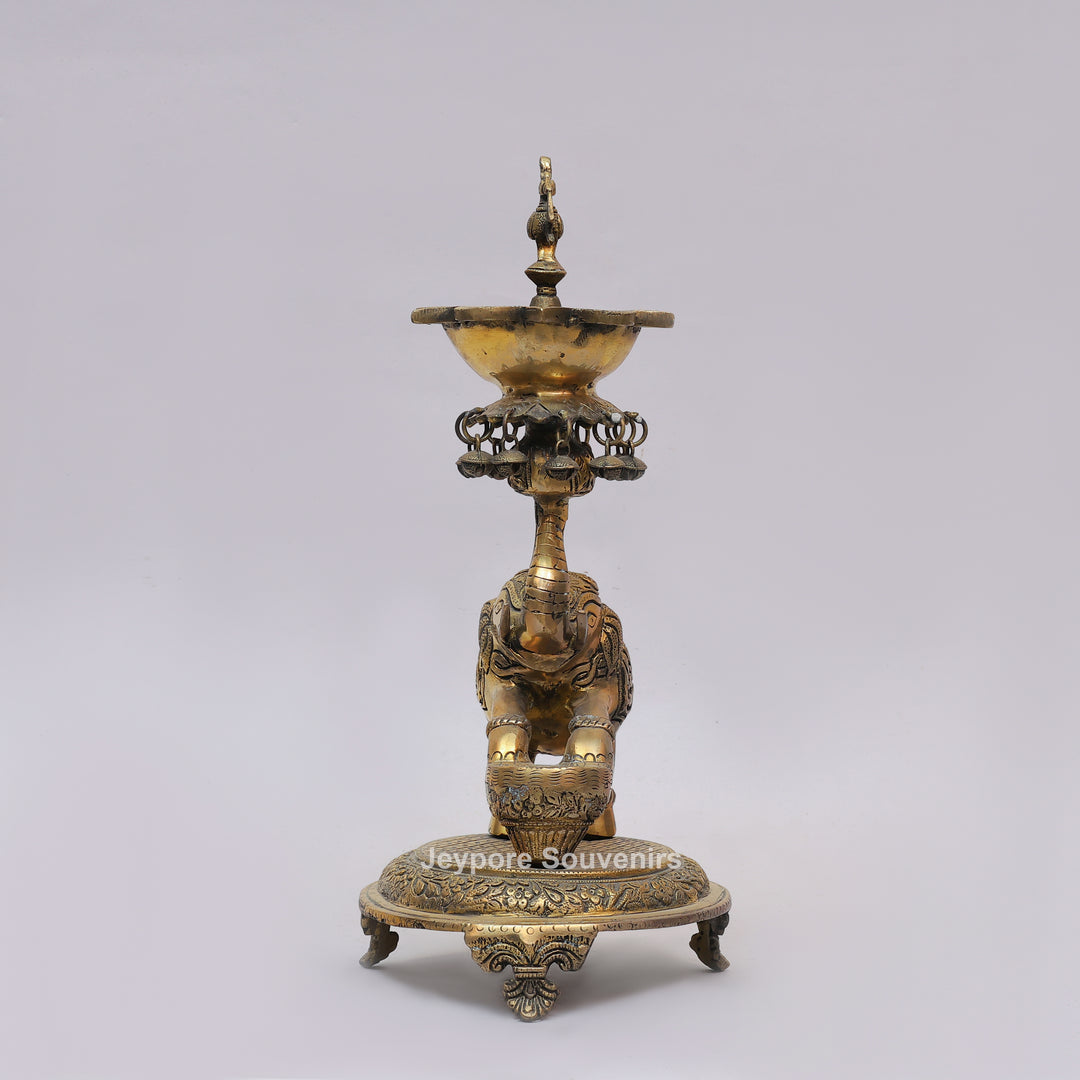 Brass Elephant Lifting Lotus Lamp with Hanging Bells