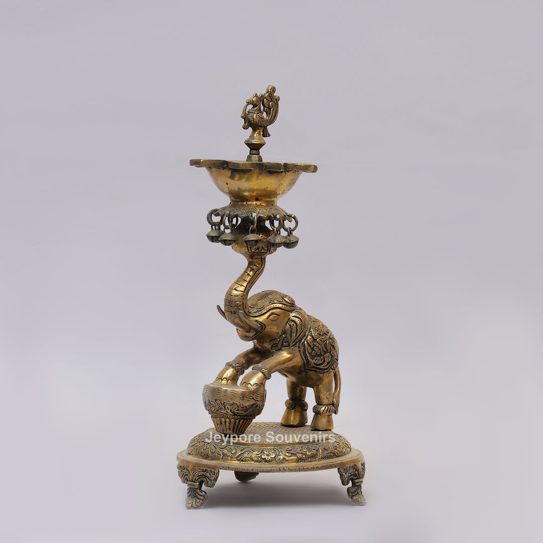 Brass Elephant Lifting Lotus Lamp with Hanging Bells