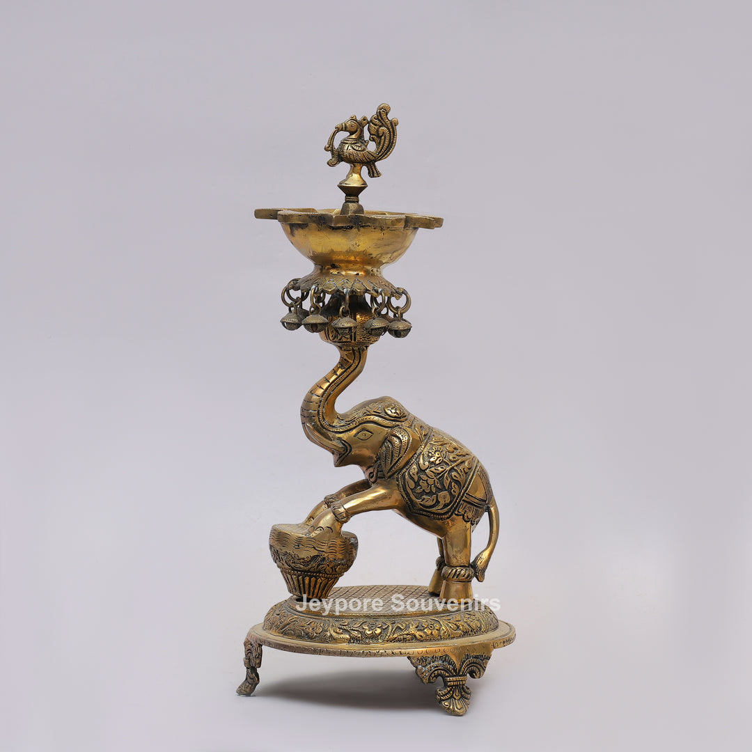 Brass Elephant Lifting Lotus Lamp with Hanging Bells