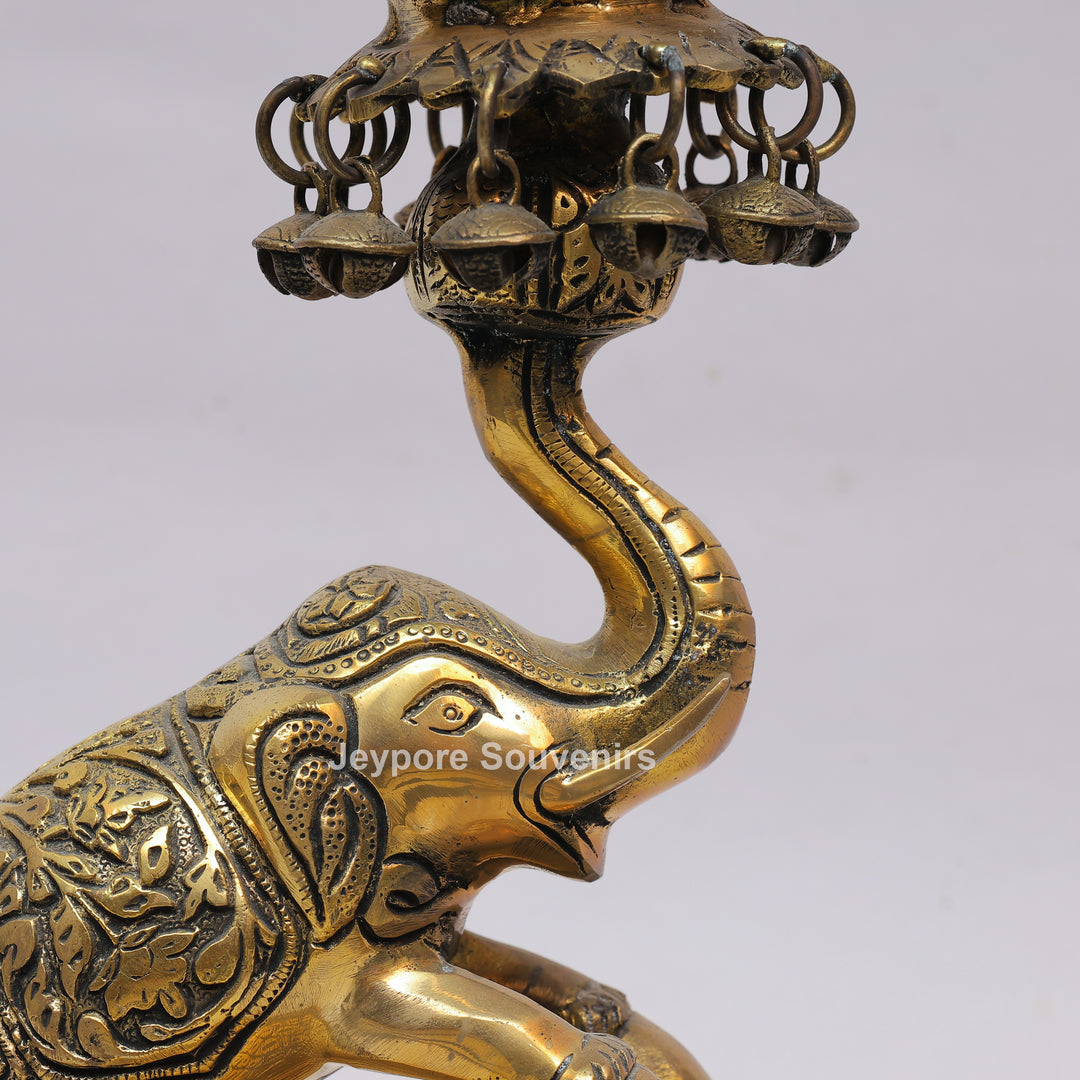 Brass Elephant Lifting Lotus Lamp with Hanging Bells
