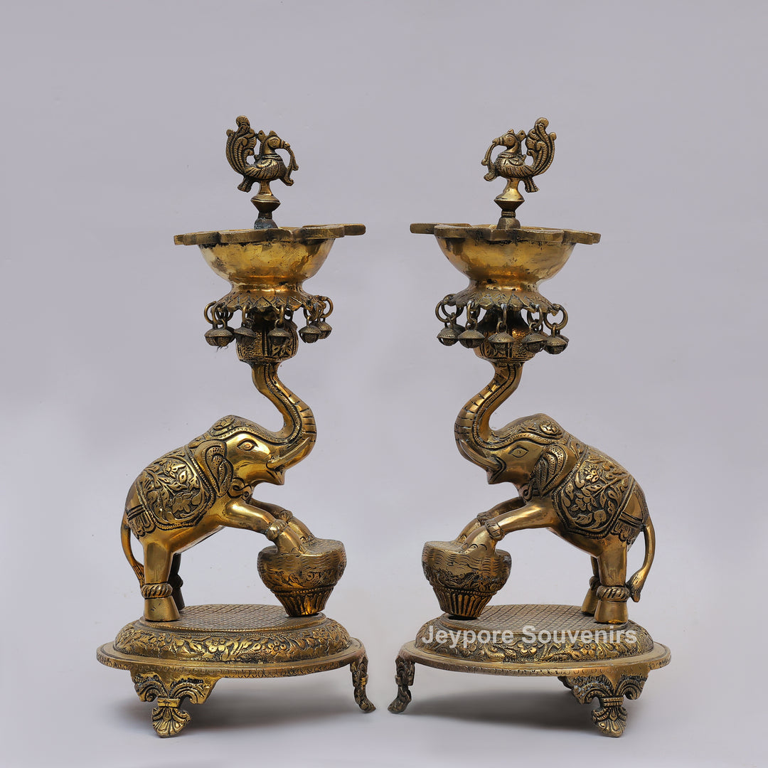 Brass Elephant Lifting Lotus Lamp with Hanging Bells