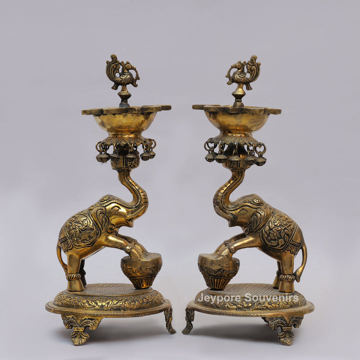 Brass Elephant Lifting Lotus Lamp with Hanging Bells