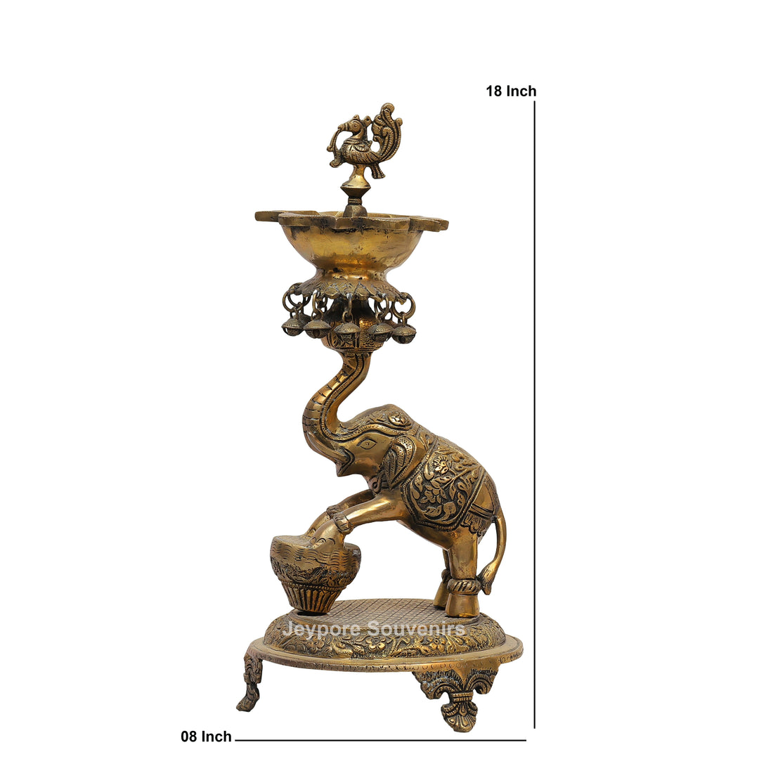 Brass Elephant Lifting Lotus Lamp with Hanging Bells