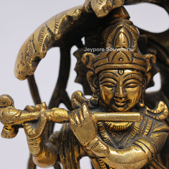 Solid Brass Radha Krishna Statue Under Tree Canopy