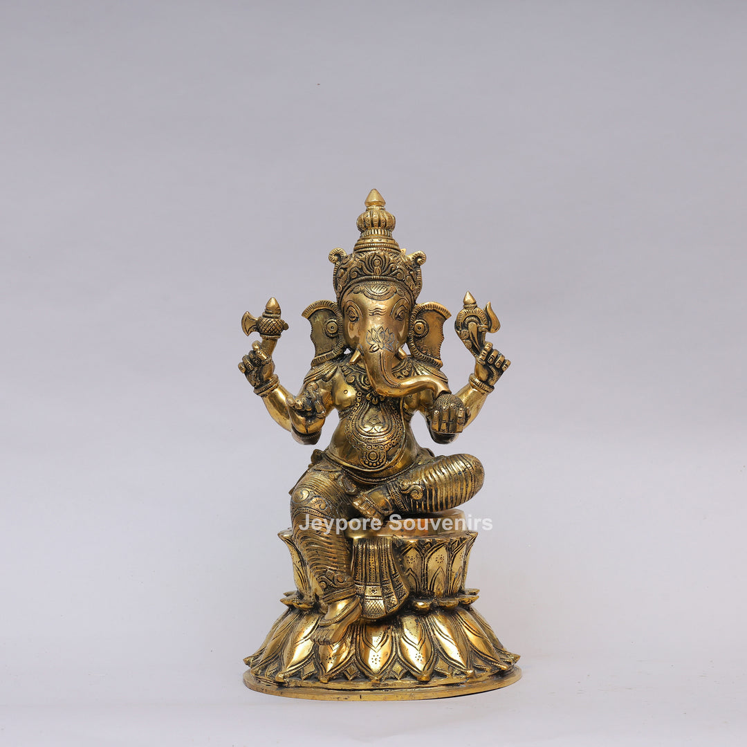 Handcrafted Brass Lord Ganesha Statue on Double Lotus Pedestal