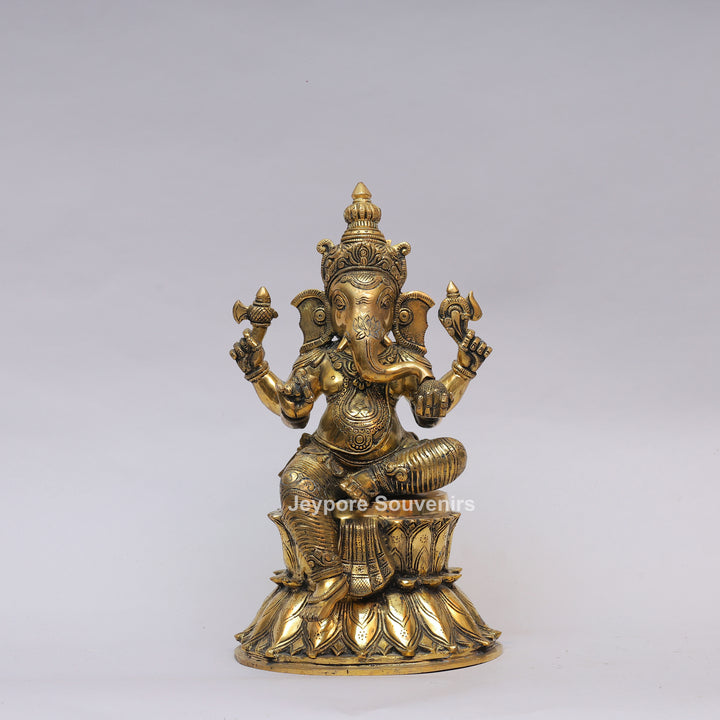 Handcrafted Brass Lord Ganesha Statue on Double Lotus Pedestal