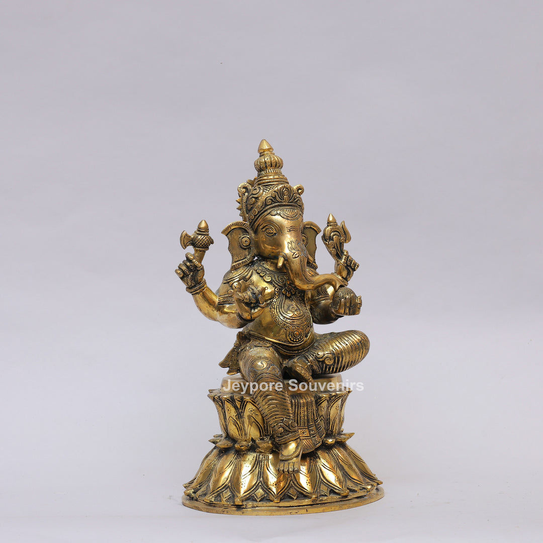 Handcrafted Brass Lord Ganesha Statue on Double Lotus Pedestal