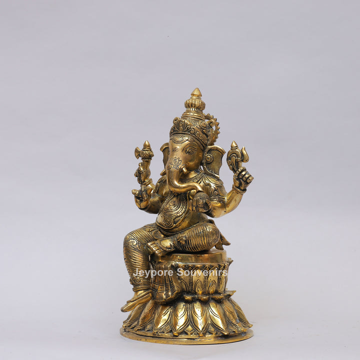 Handcrafted Brass Lord Ganesha Statue on Double Lotus Pedestal