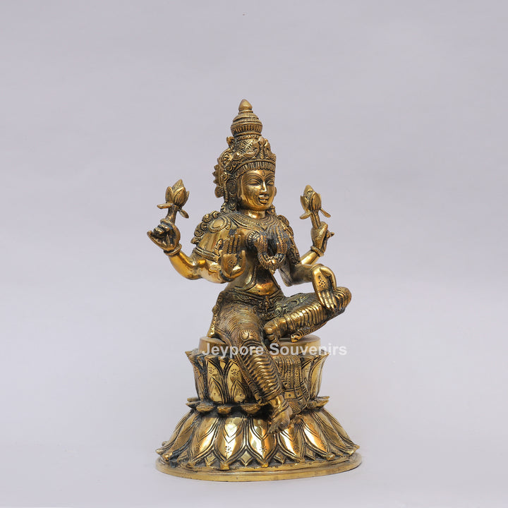 Handcrafted Brass Goddess Lakshmi Statue on Double Lotus Pedestal