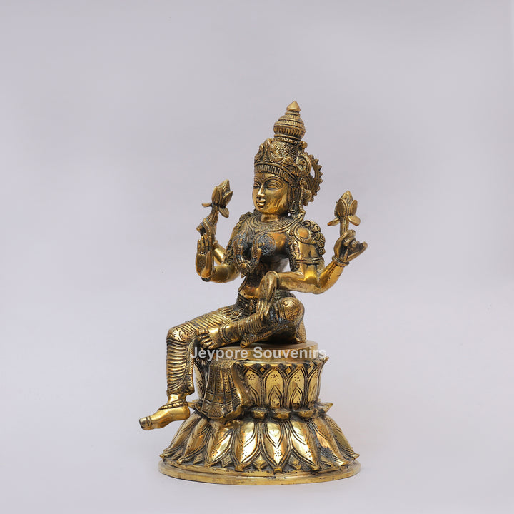 Handcrafted Brass Goddess Lakshmi Statue on Double Lotus Pedestal