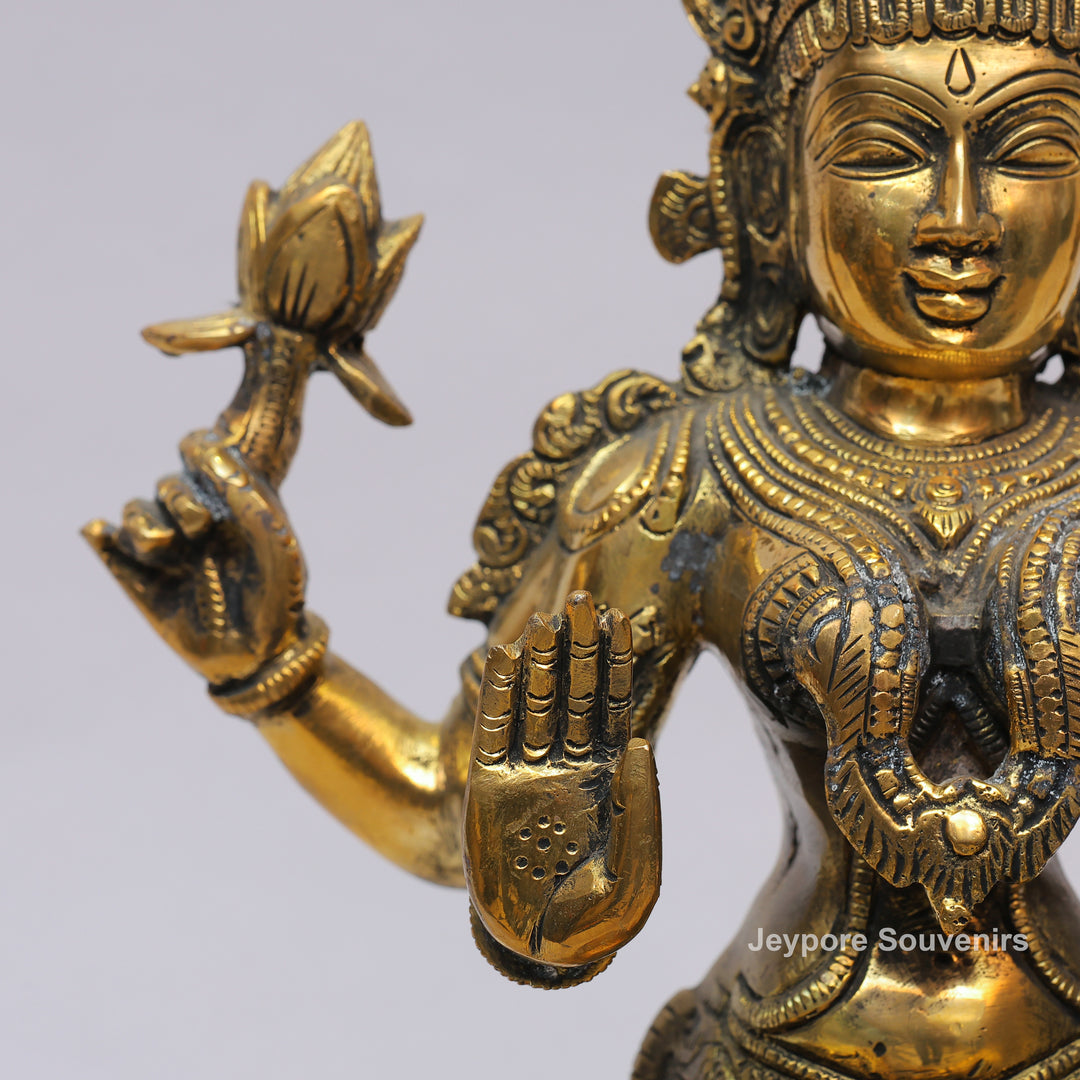 Handcrafted Brass Goddess Lakshmi Statue on Double Lotus Pedestal