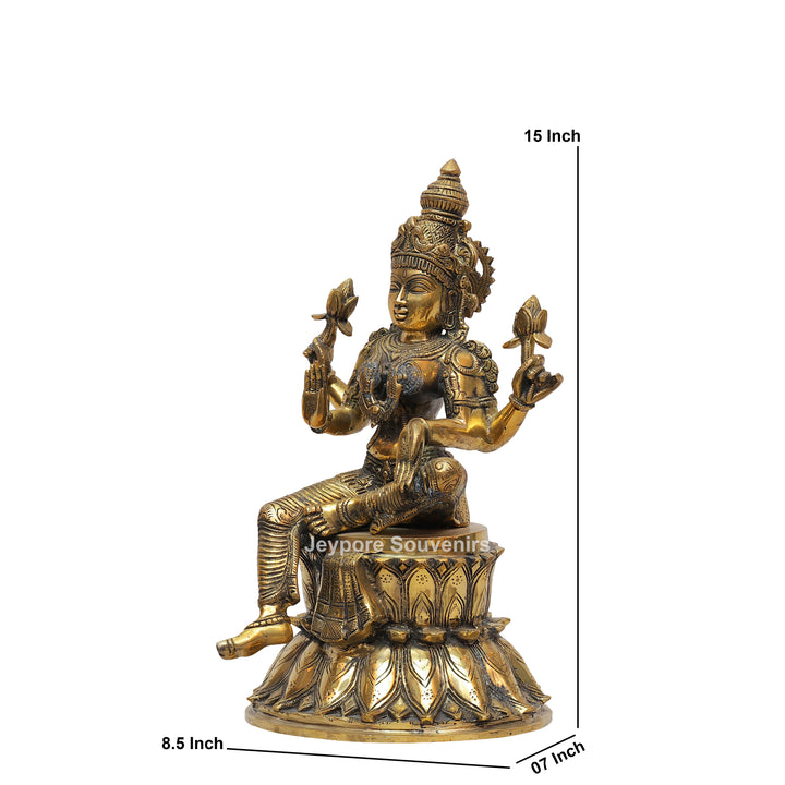 Handcrafted Brass Goddess Lakshmi Statue on Double Lotus Pedestal