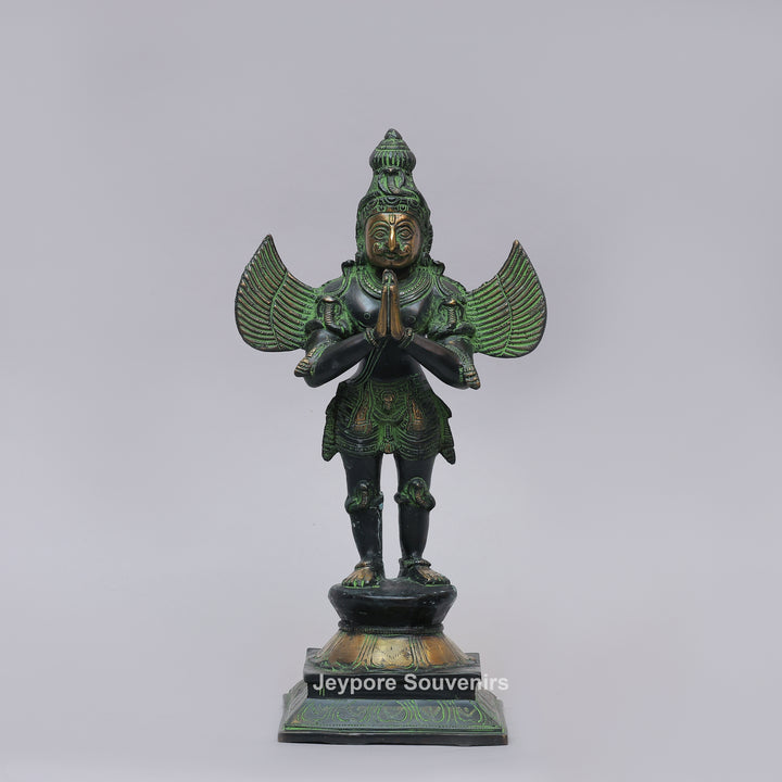 Handcrafted Brass Standing Lord Garuda Statue with Open Wings