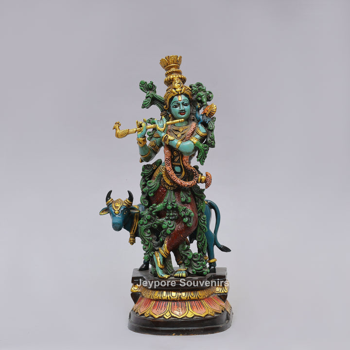 Handcrafted Brass Lord Krishna Statue with Cow &amp; Flute