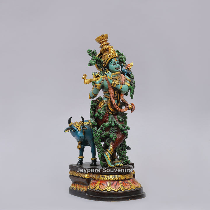 Handcrafted Brass Lord Krishna Statue with Cow &amp; Flute