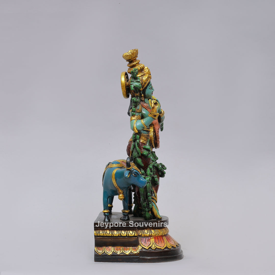 Handcrafted Brass Lord Krishna Statue with Cow &amp; Flute