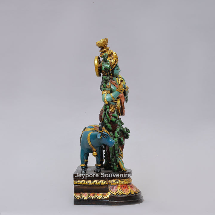 Handcrafted Brass Lord Krishna Statue with Cow &amp; Flute