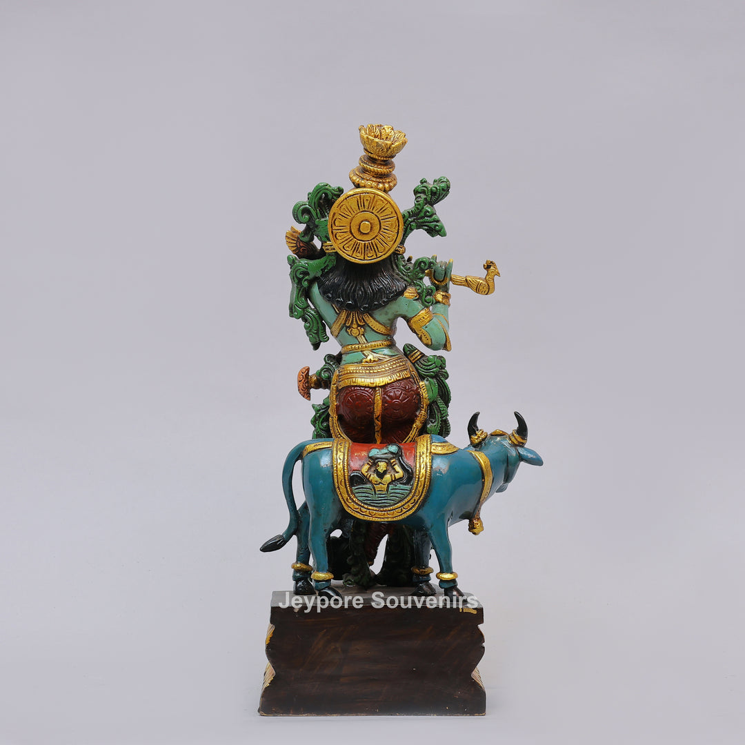 Handcrafted Brass Lord Krishna Statue with Cow &amp; Flute