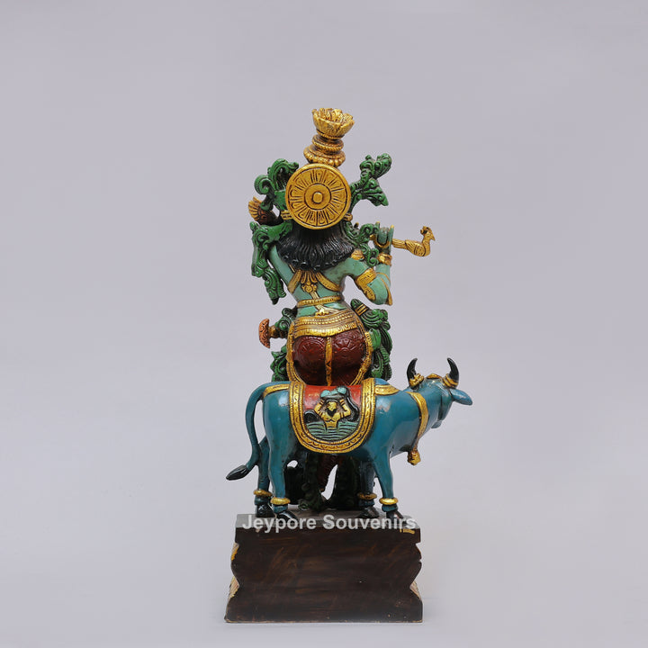 Handcrafted Brass Lord Krishna Statue with Cow &amp; Flute