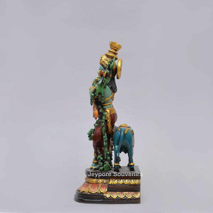 Handcrafted Brass Lord Krishna Statue with Cow &amp; Flute