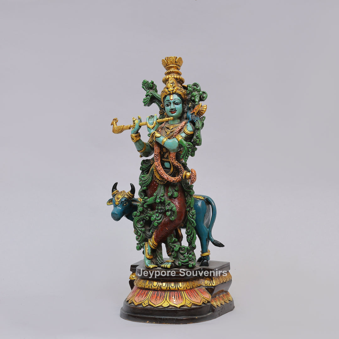 Handcrafted Brass Lord Krishna Statue with Cow &amp; Flute