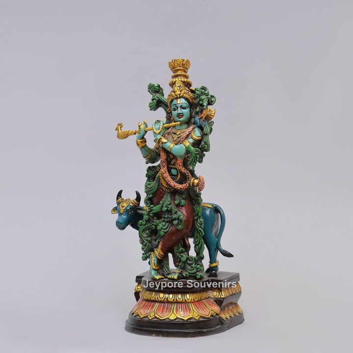 Handcrafted Brass Lord Krishna Statue with Cow &amp; Flute