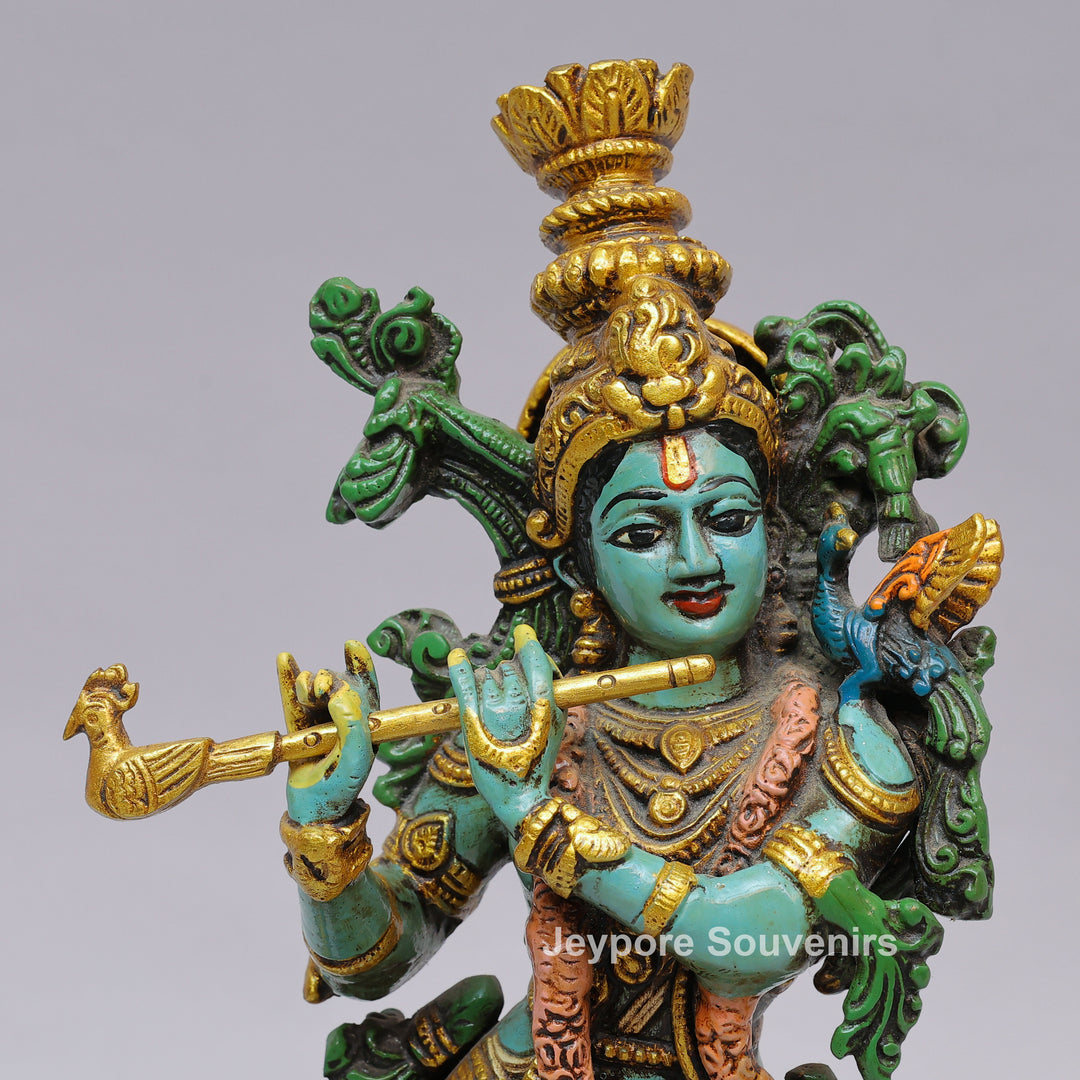 Handcrafted Brass Lord Krishna Statue with Cow &amp; Flute