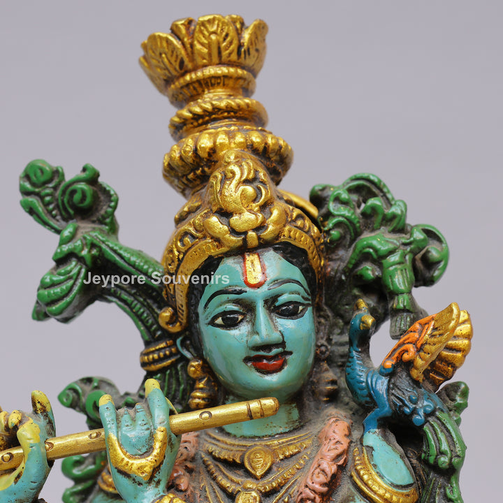 Handcrafted Brass Lord Krishna Statue with Cow &amp; Flute