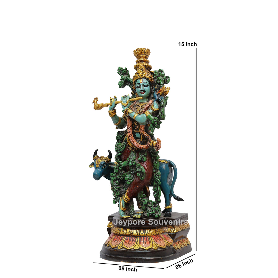 Handcrafted Brass Lord Krishna Statue with Cow &amp; Flute