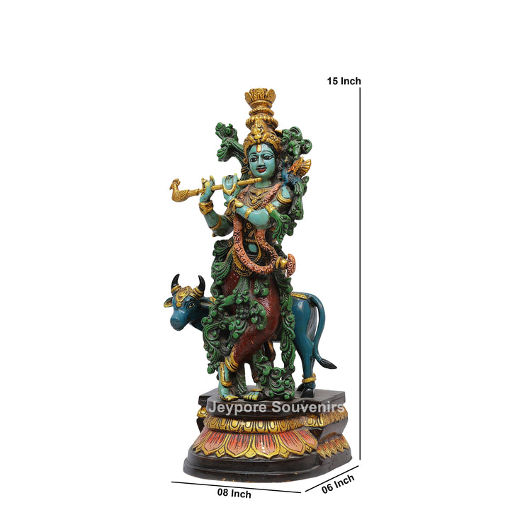Handcrafted Brass Lord Krishna Statue with Cow &amp; Flute