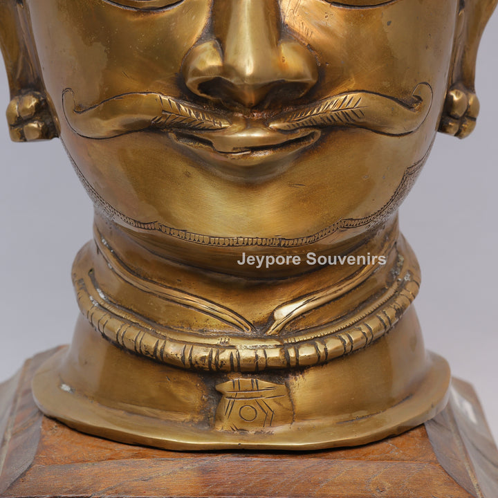 Handcrafted Brass Shiva Mukhalingam Face Sculpture on Wooden Base