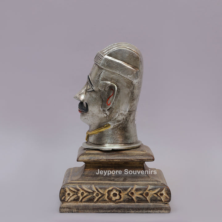 Handcrafted Silver-Plated Brass Shiva Mukhalingam Idol on Wooden Stand