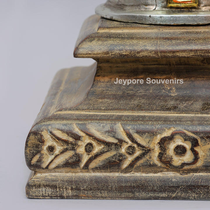 Handcrafted Silver-Plated Brass Shiva Mukhalingam Idol on Wooden Stand