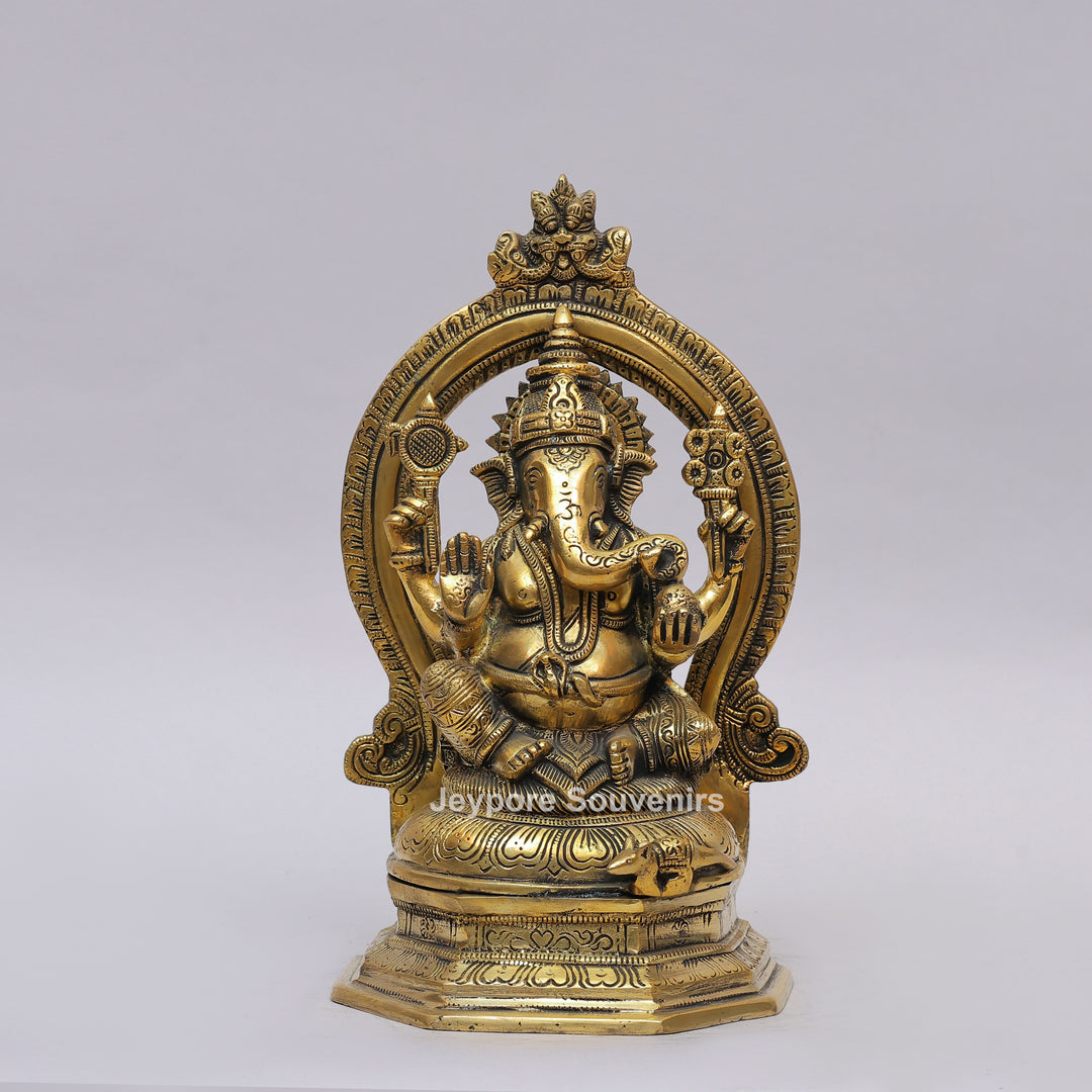 Handcrafted Brass Lord Ganesha Idol with Ornate Prabhavali Arch
