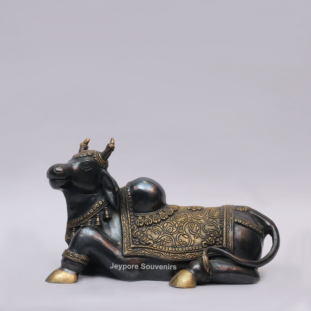 Handcrafted Brass Nandi Statue with Antique Black &amp; Golden Finish