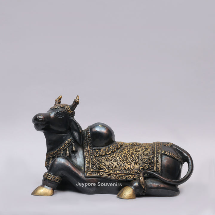 Handcrafted Brass Nandi Statue with Antique Black &amp; Golden Finish